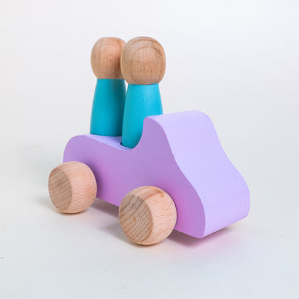 A wooden toy car in purple with two detachable peg dolls in blue and beige.