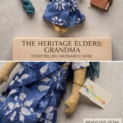 Doll with blue floral dress and accessories on a neutral background, with text about 'The Heritage Elders: Grandma'.