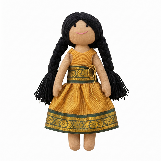 Padma — Handmade Cloth Doll in Mustard Gold Pattu (Ages 1+)