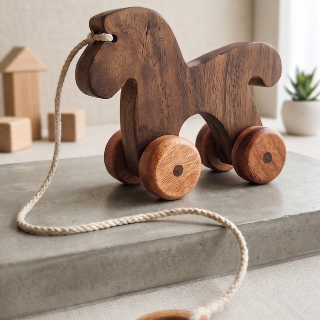 Wooden horse pull toy with a rope on a concrete surface