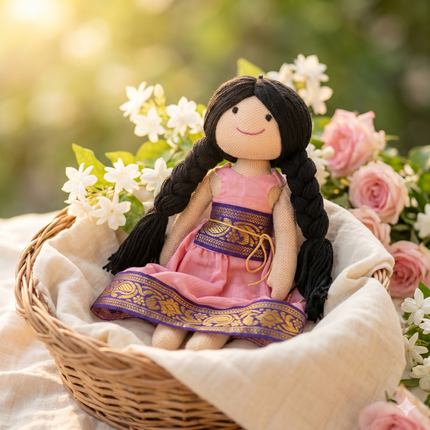Textile doll with a pink dress in a basket surrounded by flowers