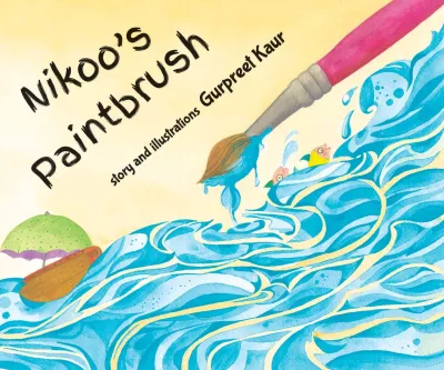 Illustrated cover of a children's book titled 'Nikoo's Paintbrush' showing a paintbrush, waves, and a boat.