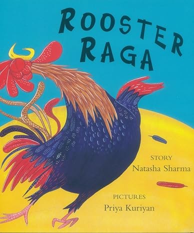 Illustration of a colorful rooster with a book title 'ROOSTER RAGA' on the cover, indicating it is a children's book.