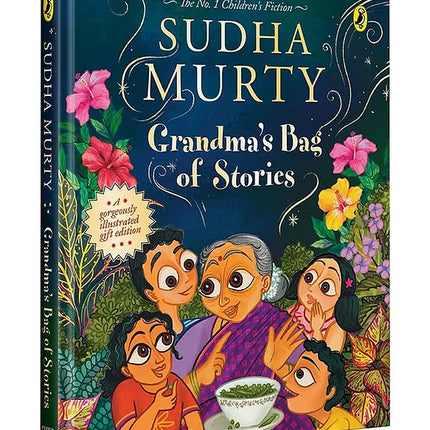 Book cover of 'Grandma's Bag of Stories' by Sudha Murty with colorful illustrations and floral design.