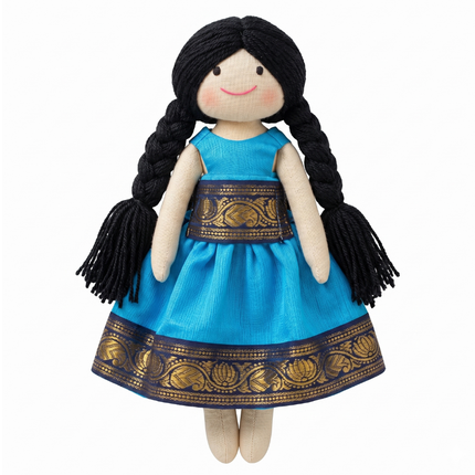 Meera — Handmade Cloth Doll in Royal Blue Pattu (Ages 1+)
