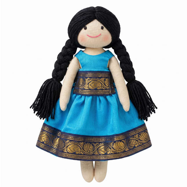 Meera — Handmade Cloth Doll in Royal Blue Pattu (Ages 1+)
