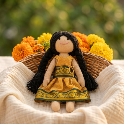 Padma — Handmade Cloth Doll in Mustard Gold Pattu (Ages 1+)
