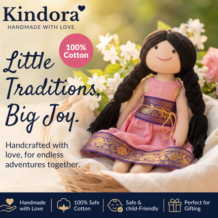 Aarohi — Handmade Cloth Doll in Rose Pink Pattu (Ages 1+)