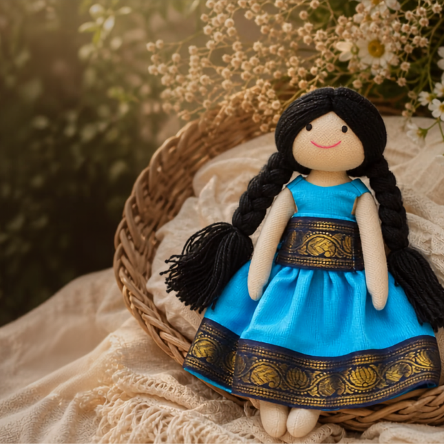 Meera — Handmade Cloth Doll in Royal Blue Pattu (Ages 1+)