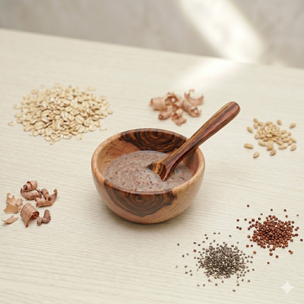 Wooden bowl with a spoon containing a brown paste, surrounded by various seeds on a light surface. Kindora Wooden Bowl