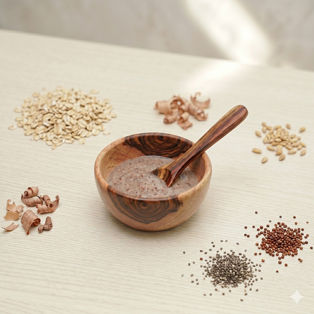 Wooden bowl with a spoon containing a brown paste, surrounded by various seeds on a light surface. Kindora Wooden Bowl