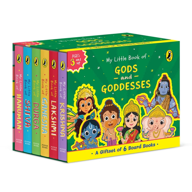 A set of six board books titled 'My Little Book of Gods and Goddesses', featuring colorful illustrations of Hindu mythological figures such as Krishna, Ganesha, and Shiva.