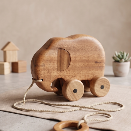Wooden elephant pull toy on a neutral background