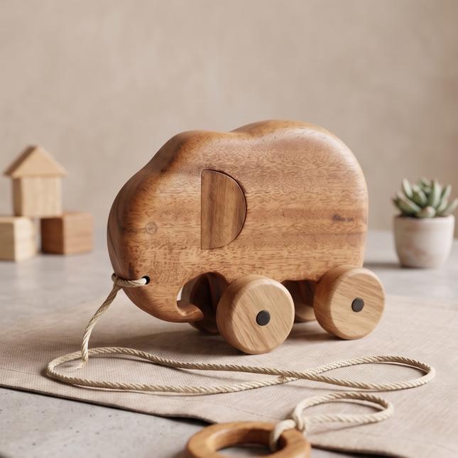 Wooden elephant pull toy on a neutral background