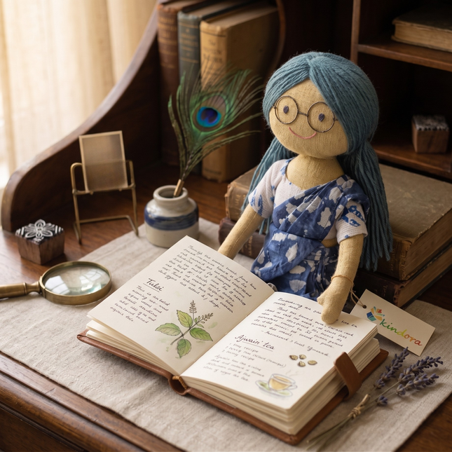 Doll with blue hair and glasses reading an open book on a wooden desk.