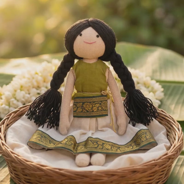 Anjali — Handmade Cloth Doll in Kerala Kasavu (Ages 1+)