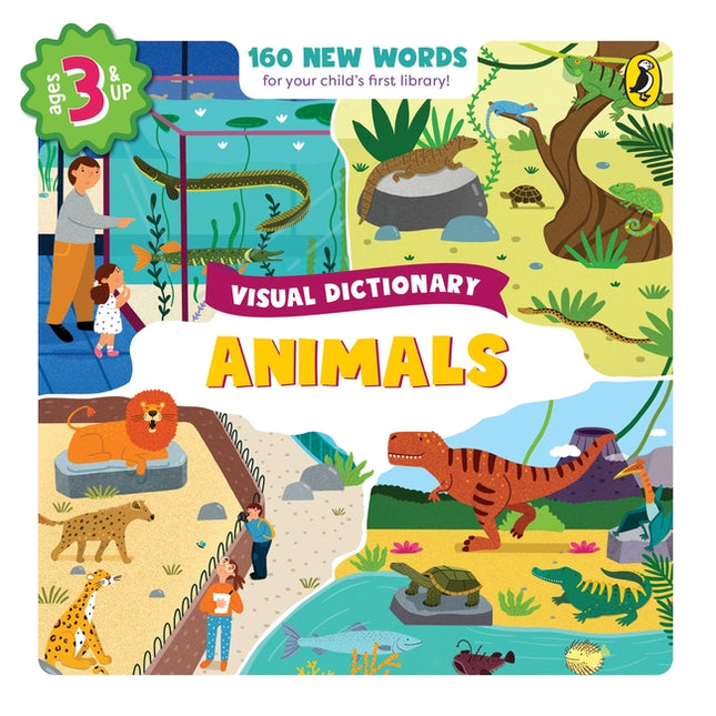 Cover of a children's visual dictionary book titled 'Animals', featuring colorful illustrations of animals and vehicles for children aged 3+.